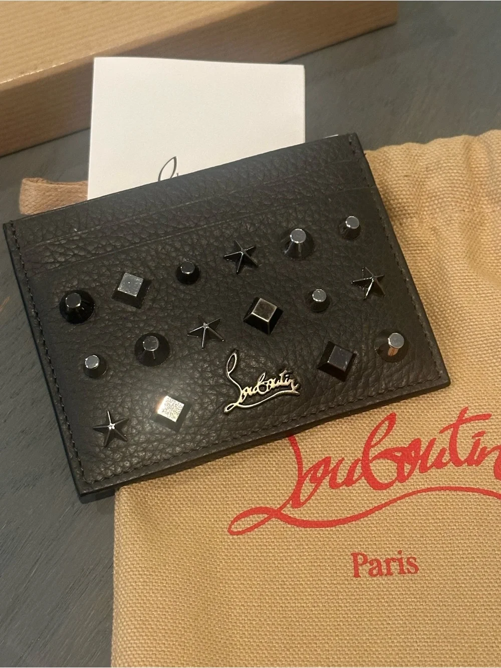 NWT Christian Louboutin Black Studded Leather Card Holder w/ Box & Dust Bag